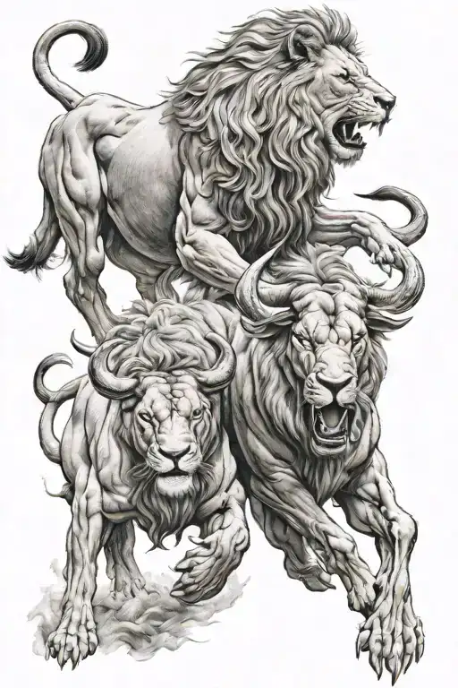 Lion And Bull In Confrontation