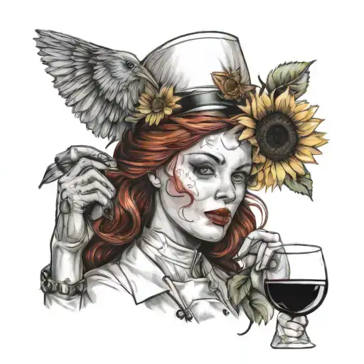 Redhead Nurse With Glass Of Wine And Sunflower
