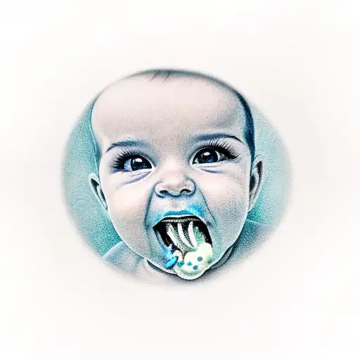 A Realistic Portrait Of A Baby Boy Eating A Blue Frootie