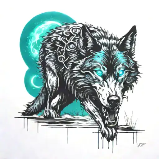 All Black Cybernetic Wolf By The River Howling At The Moon With Teal Glowing From Its Eyes