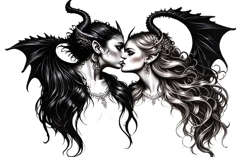 Beautiful Demon Sisters Kissing Each Other