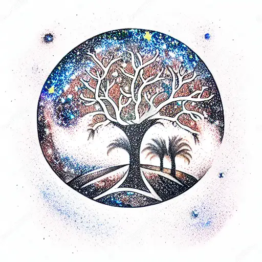 Dense Argan Tree Contained In Circle With Galaxies And Stars In The Background