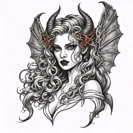 Beautiful Vampire Girl Long Very Curly Hair With Demonic Horns And Demonic Wings