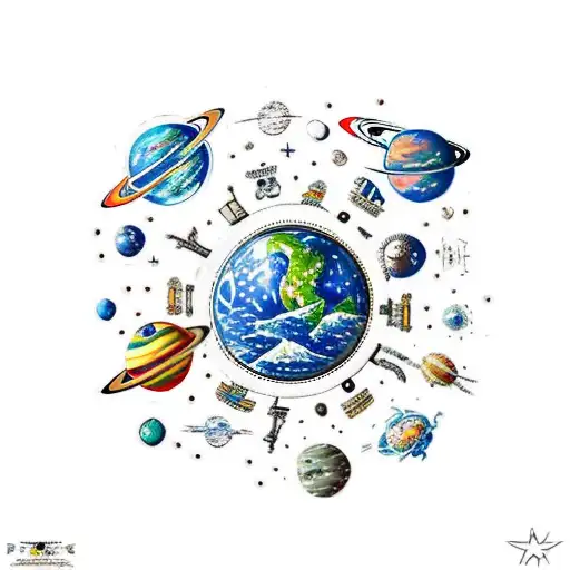 Trash Polka Space Themed Tattoo With Planets And Astronaut