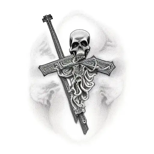 Grim Reaper Holding Onto A Cross With The Other Hand Out With Time