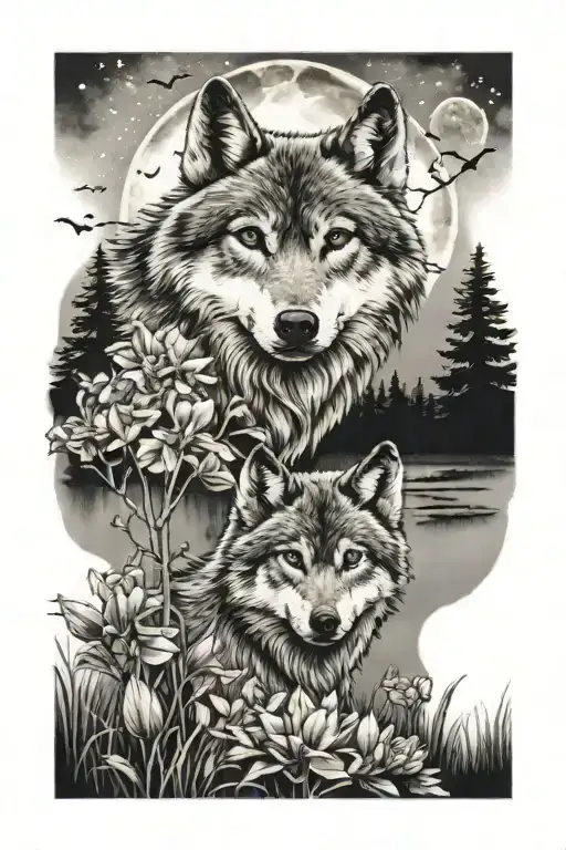 Full Moon Surrounded By Flowers Over Nature Scene With Small Wolves