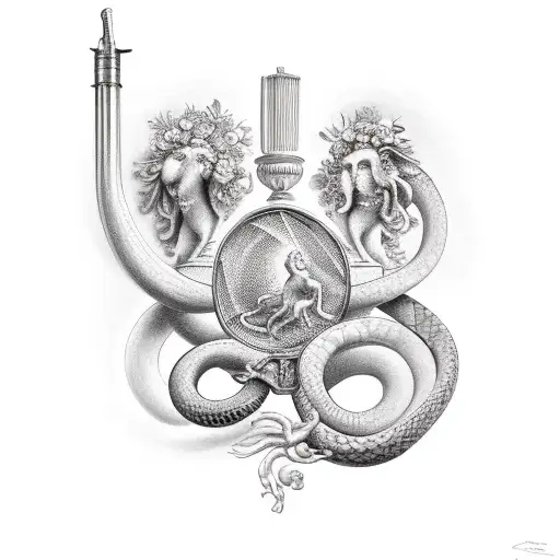 Apollo And Three Graces And A Snake And A Lyre