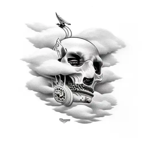 Black White And Gols Tattoo Of An Astranout With His Head In The Clouds