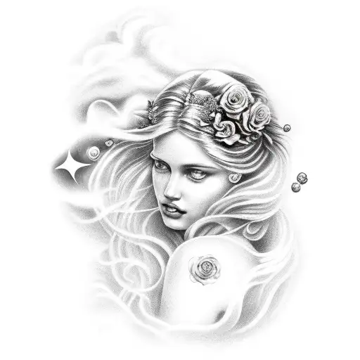 Aphrodite With Rose In Hair And Swirling Clouds And Stars Behind