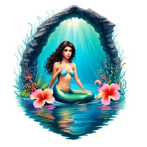 Mermaid Sitting In A Cave Crystal Clear Water Hibiscus Flowers With Sea Creatures