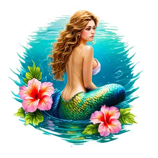 Mermaid Sitting In A Cove Crystal Clear Water Hibiscus Flowers