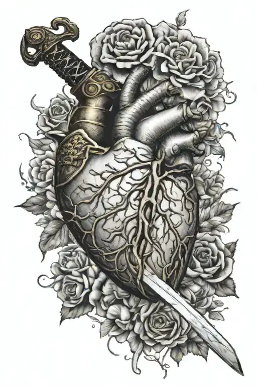 Sharp Sword Tattoo Going Through Realistic Heart And Realistic Brain - Feminine