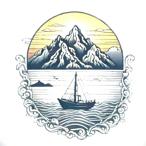 Small Tattoo Dark Blue Ocean With A Tiny Boat Mountains And Sunset In Background