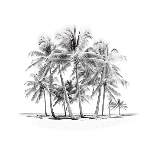 A Beach Scene With Palm Trees And A Truck Parked Nearby