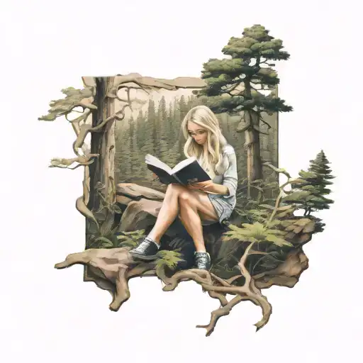 Blonde Girl Reading A Book At Forest Landscape
