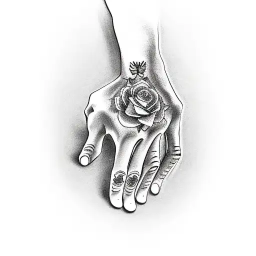 Pinky And Ring Finger Skelton Hand With A Combine Rose Tattoo On The Hand