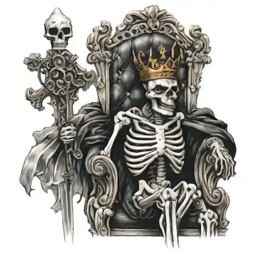 Tattoo Of A Skeleton King With A Crown Sitting In A Throne Holding A Sword