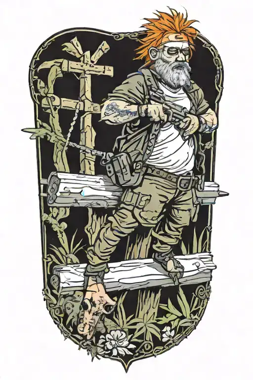 Man With Orange Hair And Blistered Face Riding Collared Peccary On A Crucifix With A Gun In Jungle