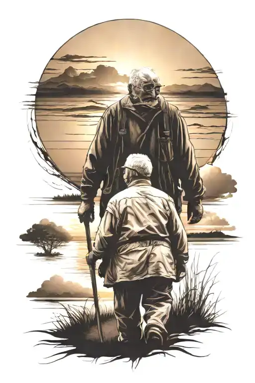 Grandpa Walking Into A Sunset With Hevan Over It