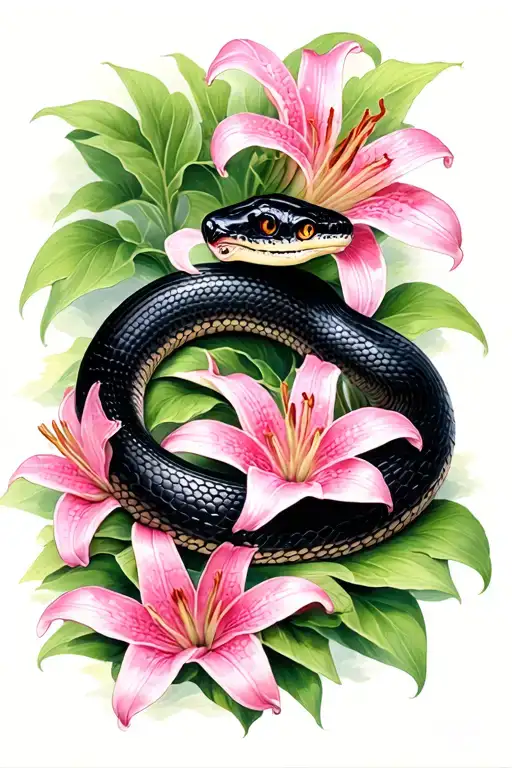 Black Snake With Pink Lilies