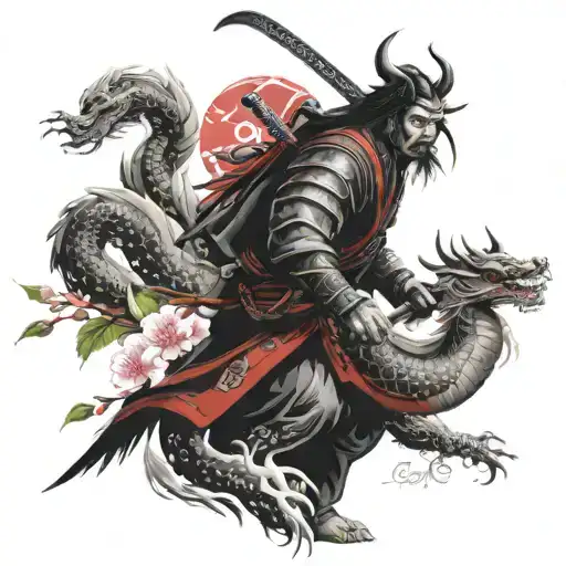 Japanese Samurai With Cherry Blossom Tree And Traditional Japanese Dragon With A Japanese Temple