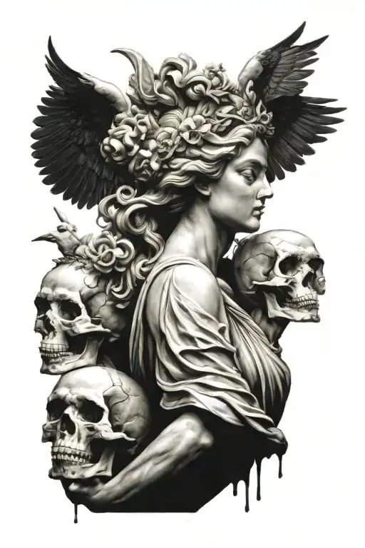 A Greek Goddess Statue Like Aphrodite With Some Dark Realism Elements Like Skull Or Raven