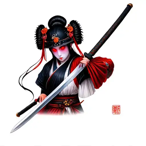 Geisha With Glowing Red Eyes Holding A Samurai Sword With A Samurai Helment