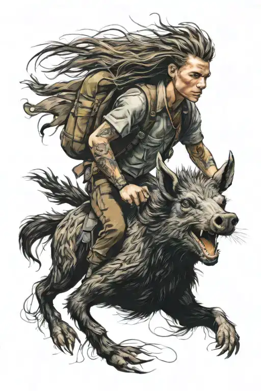 Teenager With Fire For Hair Riding A Collared Peccary