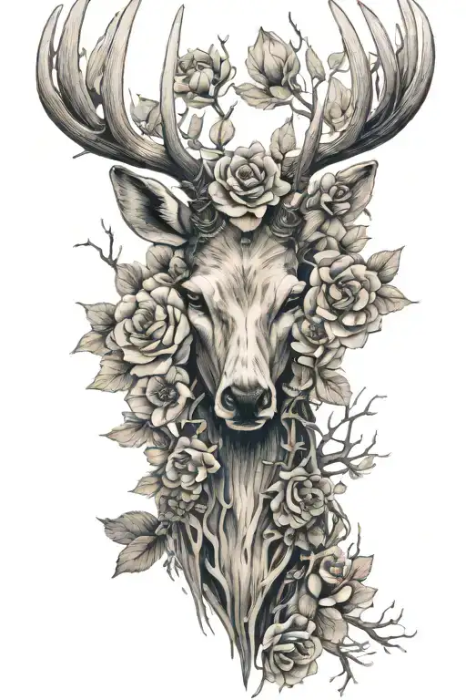 Spine Tattoo With Flowers And Deer Antlers 8 Points No Deer Head Only Antlers