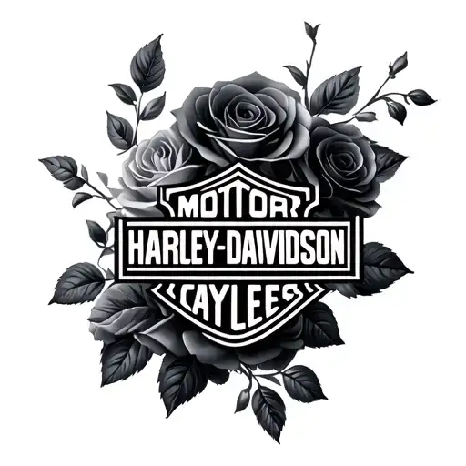 A Black And Grey Harley Davidson Logo With Softly Shaded Black And Grey Realistic Roses Around It