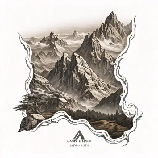 Design A Tattoo Of A Mountain Range With Sanskrit Script Subtly Integrated Into The Landscape