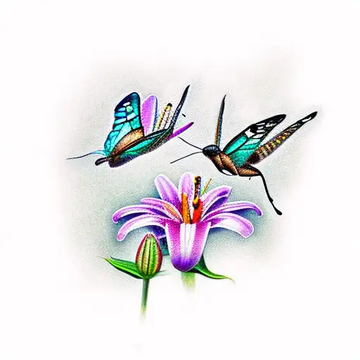 A Graceful Butterfly And Hummingbird Dancing Among Lilies