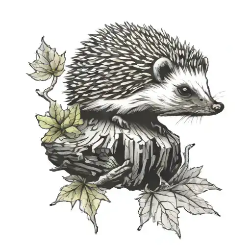 Hedgehog On The Log With Little Leafs In Background Front Position