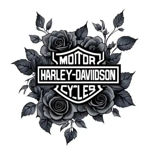 A Black And Grey Harley Davidson Logo With Softly Shaded Black And Grey Roses Around It