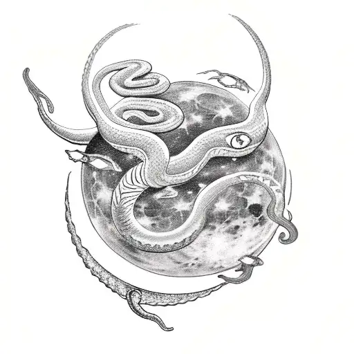 A Traditional Style Tattoo Of A Snake Coiled Around A Moon In Space