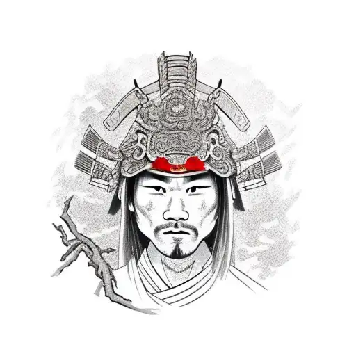 Samurai With Broken Mask In Front Of A Cherry Blossom Tree