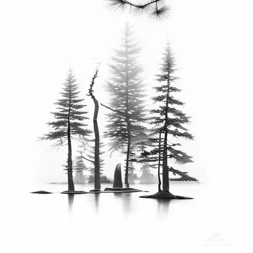 A Serene Blackwork Tattoo Of A Solitary Pine Tree
