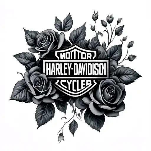A Black And Grey Harley Davidson Logo With Softly Shaded Black And Grey Realistic Roses Around It