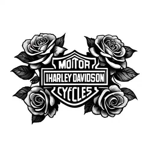 A Black Realistic Shaded Harley Davidson Logo With Three Soft Shaded Roses Around It