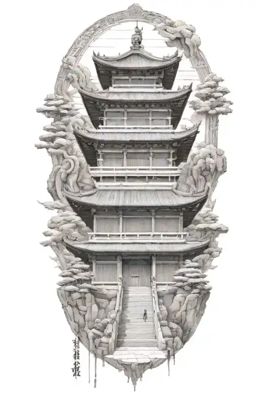 Engineer's Blueprint Of A Japanese Temple With Foo Dogs Guarding The Entrance
