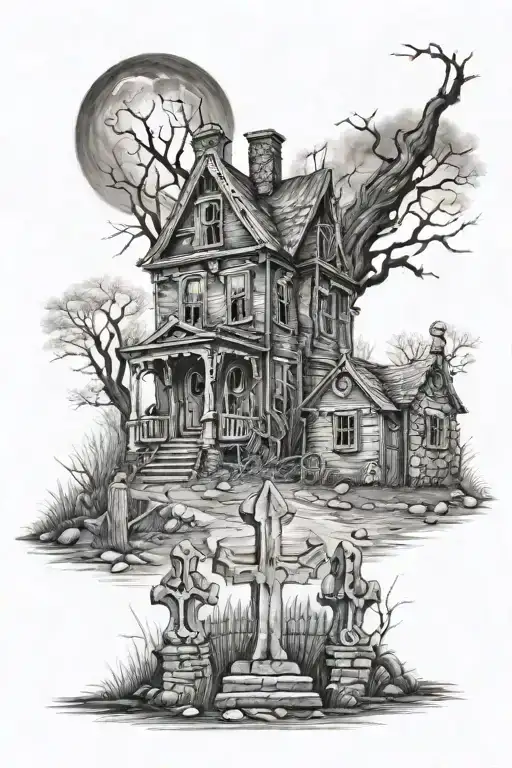 Dark Haunted House And Graveyard Scene