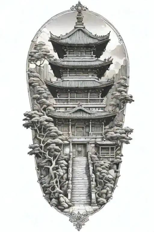 Engineer's Blueprint Of A Japanese Temple With Foo Dogs Guarding The Entrance