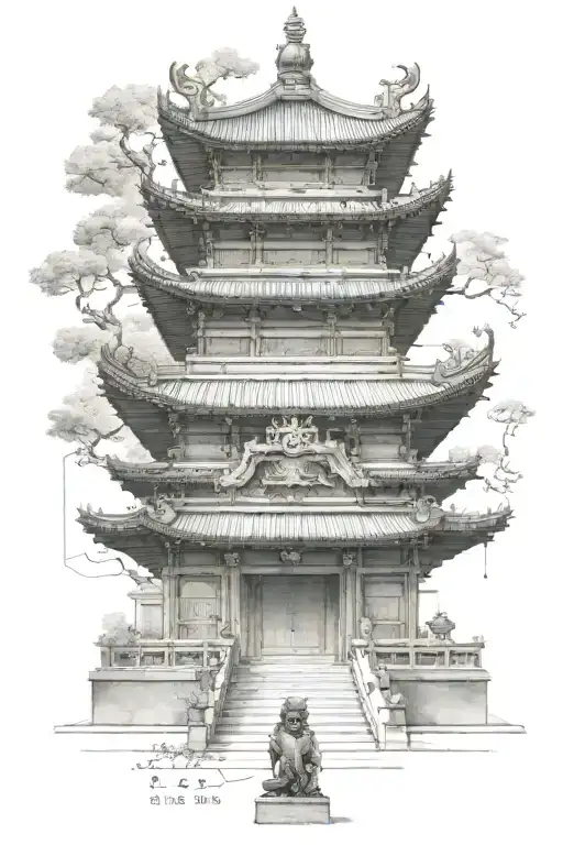 Engineer's Blueprint Of A Japanese Temple With Foo Dogs Guarding The Entrance