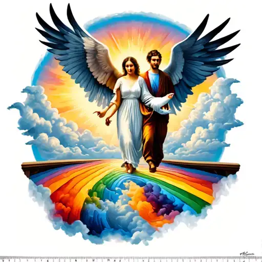 God On Clouds Man And Woman Walking Over The Rainbow Bridge With Doves