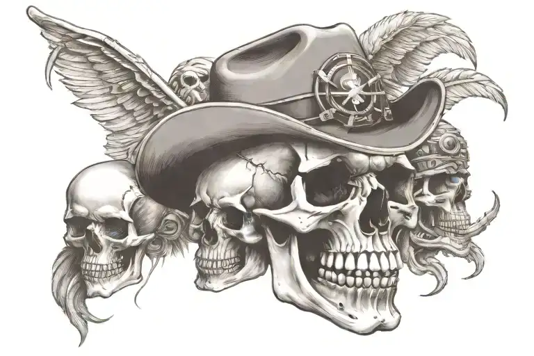 Cowboy Skull And Pirate Skull And Native American Skull Together
