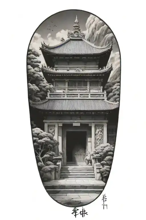 Engineer's Blueprint Of A Japanese Temple With Foo Dogs Guarding The Entrance