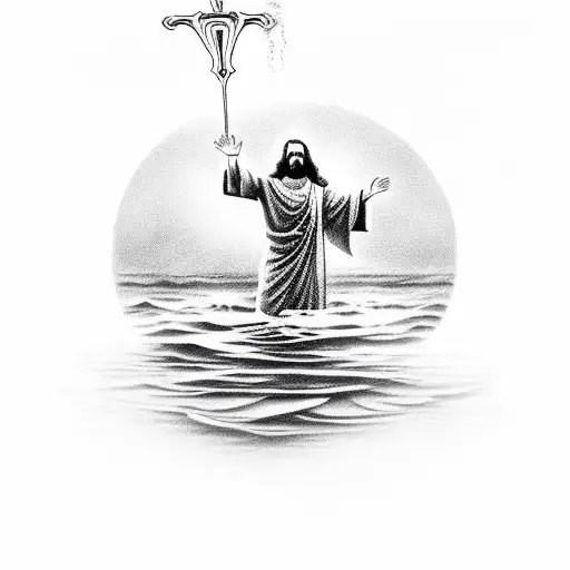 An Intricate Design Of Jesus Walking On Water Surrounded By Fish