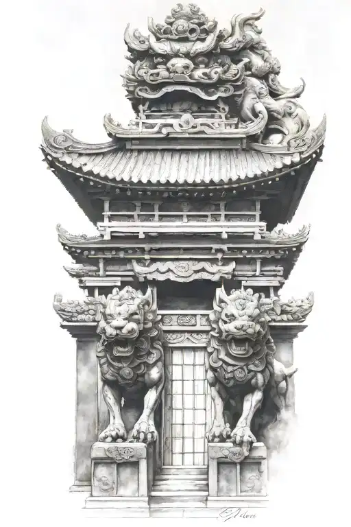Two Japanese Foo Dog Guarding A Temple Gate