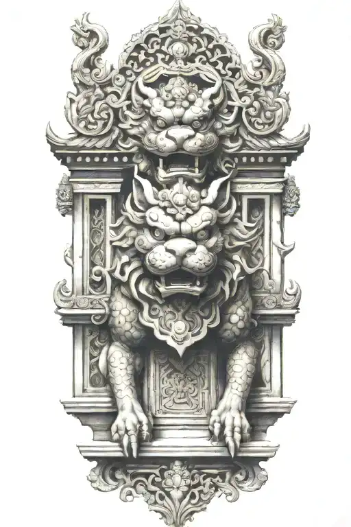 Two Japanese Foo Dog Guarding A Temple Gate Leading