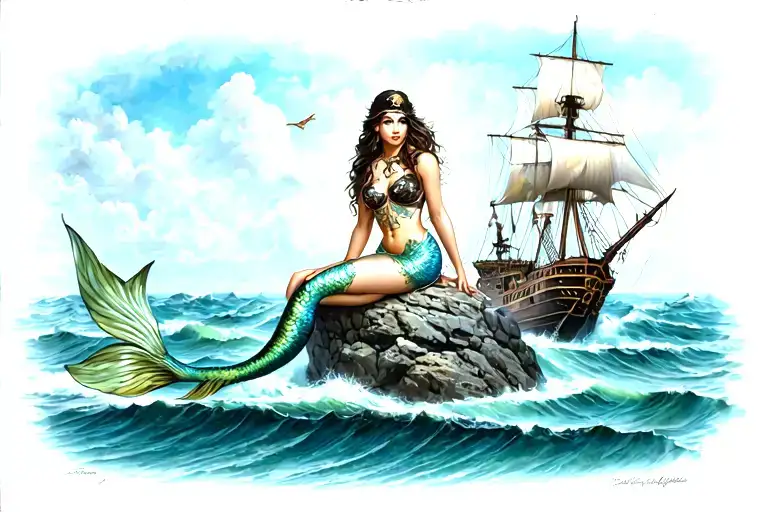 Mermaid Sitting On Top Of A Rock Facing A Pirate Ship